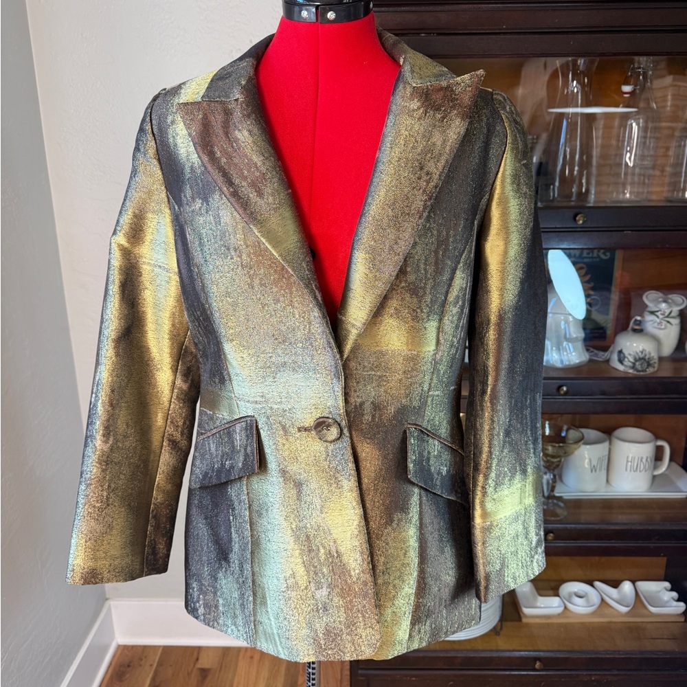 Vintage Boho Chic Bronze Gold Metallic Retro Party Blazer Size 10